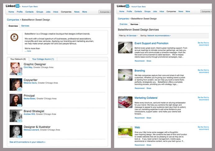 screenshots of BatesMeron's LinkedIn overview page and services page