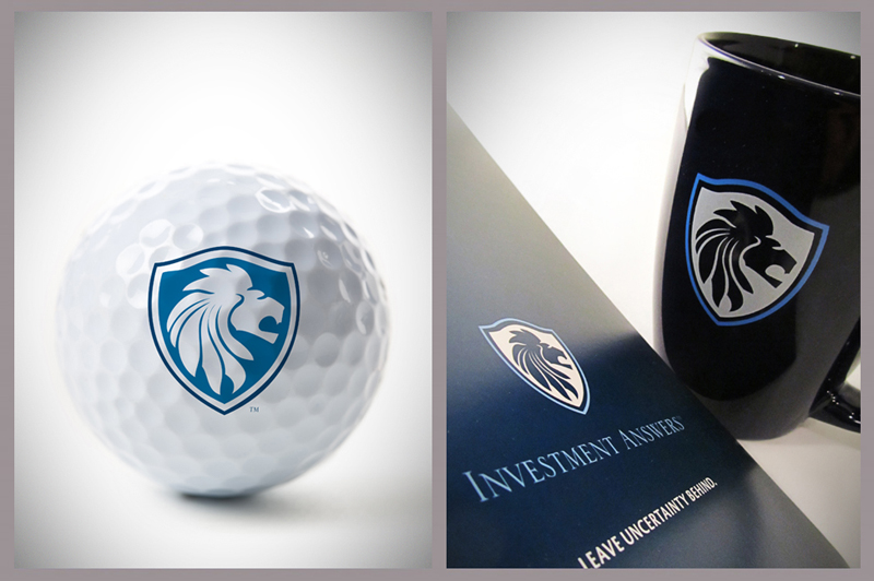 branded golf ball, branded mug and folder for investment planning firm