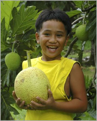 A child holding breadfruit, a plant that has the potential to feed the tropics