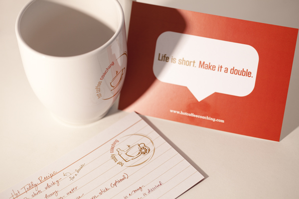 Mug and recipe card promo, featuring inspirational words from Hot Coffee Coaching