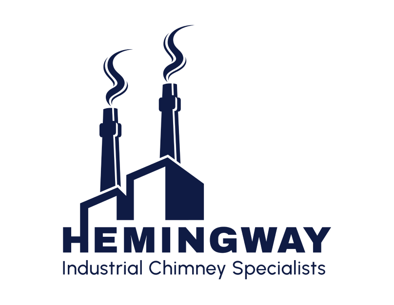 Two chimneys with smoke coming out of them with text saying Hemingway Industrial Chimney Specialists. Light wavy lines brand pattern in the background.